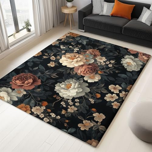 Teppich Wohnzimmer Vintage-Blumen Rosen Gänseblümchen Pfingstrosen Teppich Schlafzimmer Teppich Esszimmer Teppich, Kurzflor Outdoor Teppich, Waschbarer Teppiche, rutschfest Teppich 140 x 200 cm