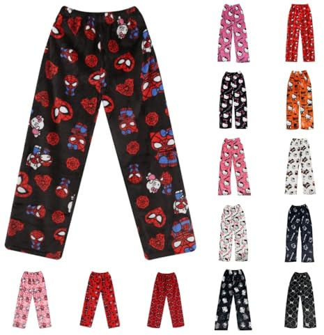Chnnamzu Pantalon Pyjama Femme Flanelle - Bas de Pyjama Polaire Chaud et Doux Confort Cartoon Chat Anime Imprimé Kawaii Mode Décontracté Vêtements de Nuit Pantalons pour Maison Lounge