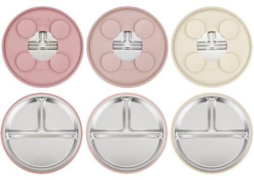 PandaEar Paquete de 3 Platos de Acero Inoxidable para Bebé, Plato Dividido para Niños Pequeños para el Método de Alimentación Autónoma, Set de Alimentación para Bebé Antideslizante (Rosa)