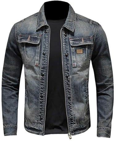 YOSUWOAI Giacca di jeans da uomo, vintage, da motociclista, con chiusura lampo, colletto alto, in denim, slim fit, giacca da motociclista da cowboy, Z01 blu., M
