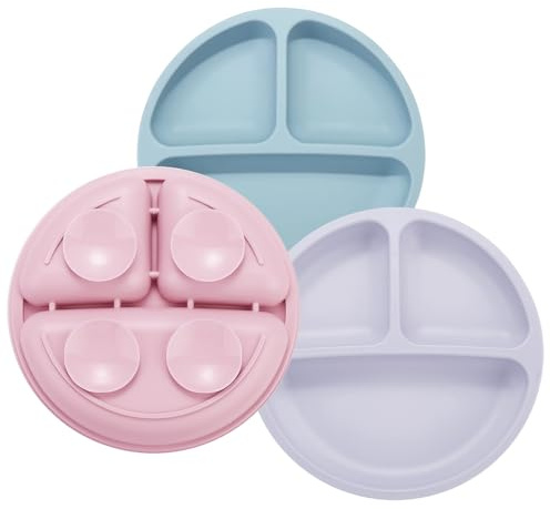 PandaEar 3-pack småbarnsfat, silikonplattor med sugkopp för barn, BPA-fria 100 % silikon av livsmedelskvalitet, okrosslbara barnfat (rosa/lila/blå)