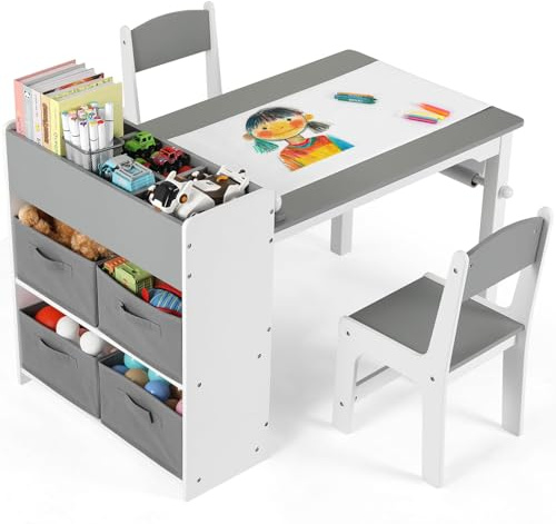 Kids Table and Chair Sets,Art Table with Storage Wooden Drawing Table | Paper Wheels and 4 Storage Boxes, Toddler Table and Chairs Set for Drawing, Crafting, Writing, Learning