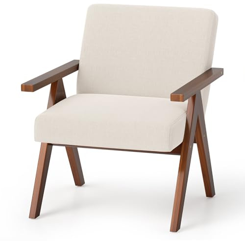 COSTWAY Armchair Accent Chair, Linen Fabric Upholstered Single Sofa Lounge Armchair, Modern Leisure Comfy Seat Occasional Reading Chair for Living Room Bedroom (Acacia Wood Frame, Beige)