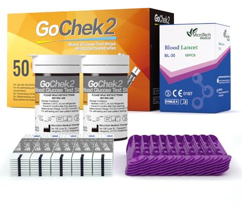 MicroTech Strisce per il Test della Glicemia e Lancette, Validità 180 giorni, Immuni all'Ossigeno nel Sangue, solo per Gocheck2, confezione da 50