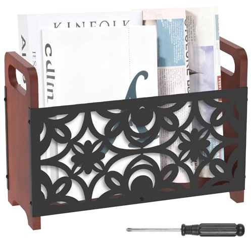 YUNYOUC Magazine Rack, Wood Magazine File Holder, Rustic Newspaper Basket, Space Saving Mail Organizer, Folder Organiser Bin for Magazines Books Newspapers Tablets in Living Room Home Office(Flower)