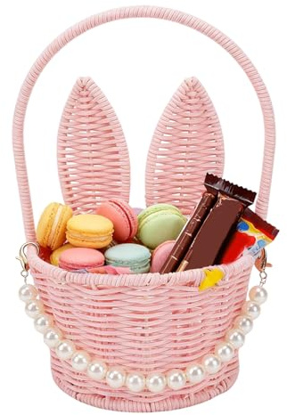 Cocoarm Cesta de Conejito de Pascua, Cesta de Oreja de Conejo Tejida de Ratán PP con Asa, de Huevos de Pascua Rosa para Boda de Picnic de Dulces