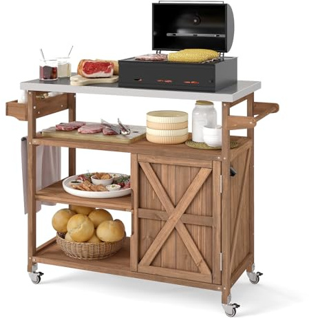 KOMFOTTEU Carro de Barbacoa de Madera Maciza, Carrito Auxiliar con Encimera de Acero Inoxidable, 4 Ruedas, 3 Estantes Abiertos, Armario con Puerta, Carro para BBQ con Especiero, 118 x 47 x 92 cm