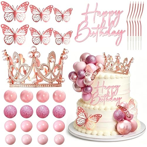 Topper Torta Corona Set, Topper per Torta, Palline Decorative Dorate a Forma Di Farfalla Fulminea-Ideali Per Matrimoni, Compleanni e Feste a Tema Principesse 45pcs (pink)