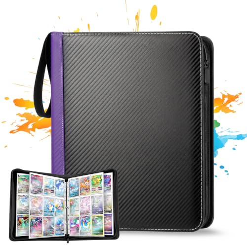Kortpärm 900 kort, TCG-album med 3 ringar | Vattentät PU-förvaring med dragkedja, kompatibel med Pokemon, Magic, One Piece, Yu Gi Oh och Panini, lila