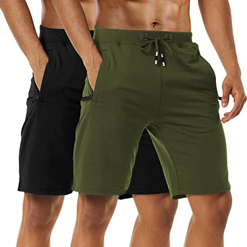 Boyzn Sportshorts för män bekväma träningsshorts i bomull elastisk midja löparshorts med blixtlåsfickor, 2-pack-svart/armégrön, XL