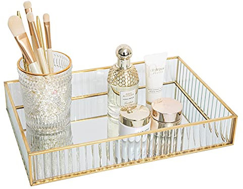Vassoio Portaoggetti, SLHEQING Vassoi Specchio Vintage Organizer Profumi, Vassoio Decorativo Oro Vassoio Rettangolare per Camera da Letto Comò Bagno Trucco