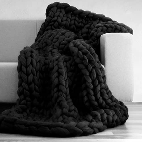 XWCG Chunky Knit Blanket Mjuk Täckfilt Mysig Och Varm Stickad Täcke Ullblandning Soffastol Heminredning Chunky Knit Filt Handgjorda Täckfiltar,Black,60 * 60cm