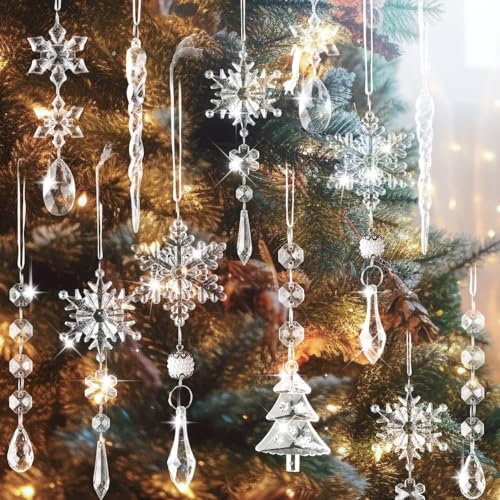 Lanpn 26 Stück Weihnachten Deko Kristall Christbaumschmuck Anhänger, Acryl Schneeflocken Eiszapfen hängende Ornamente, Weihnachtsbaumanhänger Weihnachten Party Hochzeit Dekoration Transparent