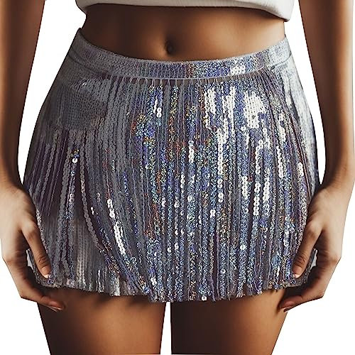 Frauen Boho Rave Rock Fransenrock Glitzer Pailletten Quaste Minirock Bauchtanz Hüfttuch Rave Party Festival Outfit Kostüm Damen Pailletten Quasten Rock Rave Bauchtanz Kostüm (Silver, S)