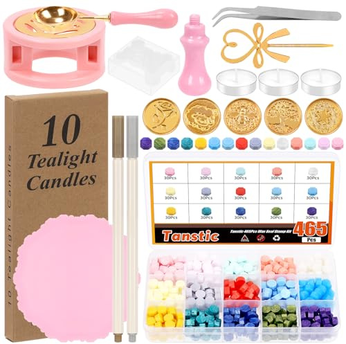 Tanstic Kit de Tampons de Cire à Cacheter - 474 Pièces avec 15 Couleurs de Perles, Chauffe-cire, Cuillère, Bougies, Stylos Métalliques, Tapis pour Cachet