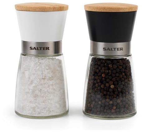 Salter Pre-Filled Salt & Pepper Mills - Spice Mill Set with Ceramic Mechanism, No-Spill Design, Twist to Grind Universal Mechanism, Glass Mill Body, Easy Refill, Monochrome Design, BW12956FEU7