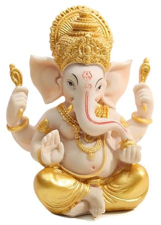 DWE Lord Ganesha Statue, Hindu Elephant God Statues Sculpture Indian God Ganesh Statue Figurine Buddha Ornaments for Home Office Car Decoration (Gold+Beige)
