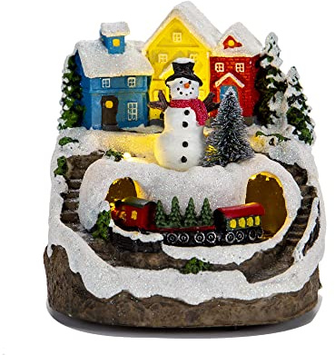 Yallmie Julby scen med ljus, juldekoration musikalisk julhus med LED, julscen stadsdekoration med roterande träd för julfest dekor (snögubbe)