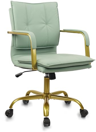 CLATINA Leather Home Office Chair Adjustable Height Executive Chairs with Padded Armrest, Swivel Mid-Back Computer Desk Chair with Gold Legs, Comfy Upholstered Task Chair with Wheels, Green