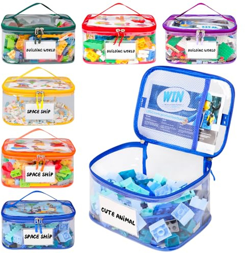 Tesuko 6 Pack Clear Toy Storage Bag with Name Tag& Manual Pocket, Waterproof Transparent PVC Toy Organizer Case for Lego Bricks, Board Games, Building Blocks, Puzzles (Large Capacity, Colorful)