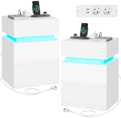 WOLTU Comodini Set di 2, con Stazione di Ricarica, Comodini a LED Connesso, 2 Prese, 2 Porte USB, 2 Cassetti, 1 Scomparto con Sportello, per Camera da Letto, 40 x 35 x 55 cm, Bianco
