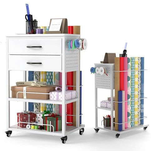 Wrapping Paper Storage Cart Storage Trolley Craft Organizer Compatible with Cricut Machine Rolling Storage with 2 Fabric Drawers Craft Table with Vinyl Scroll Holder for Craft Room Home Office