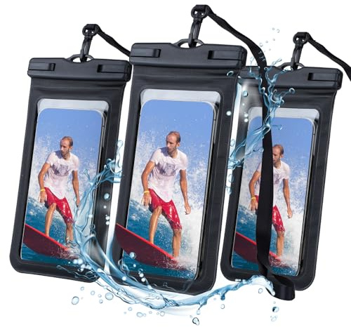 NEUTYPECHIC 3 Piezas Funda Impermeable Móvil, Funda Acuatica Movil IPX8, Bolsa para Movil Compatible para iPhone 16/15/14/13, Funda Movil Agua Samsung Smartphone hasta 7,2 Pulgadas, Color Negro