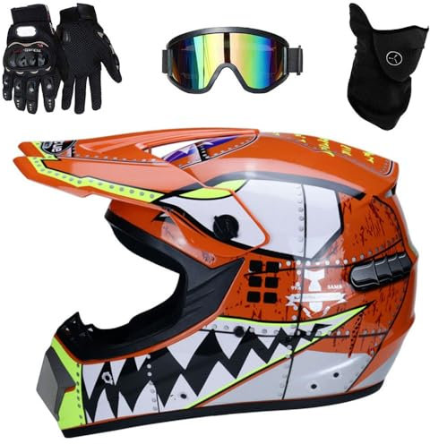 Casco Motocross Caschi Cross Per Adulti Bambini ATV Casco Integrale MTB Certificato DOT con Occhiali Maschera Guanti(C3,L(56-57cm))