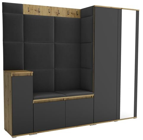 Brent - Garderobenschrank Flur Artisan Eiche Schwarz mit sitzbank 220 cm Breit Luton 8 - Multifunktionale Flurgarderobe Set mit Stauraum und Wandpaneel, Garderobe mit Sitzfläche und Kleiderhaken
