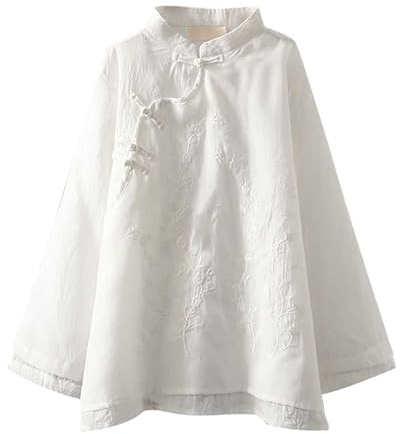 Vhersily Qipao - Blusa china de verano para mujer, manga 3/4, tradicional, cuello coreano, étnica, de algodón y lino, camisa elegante, cuello redondo, moda casual