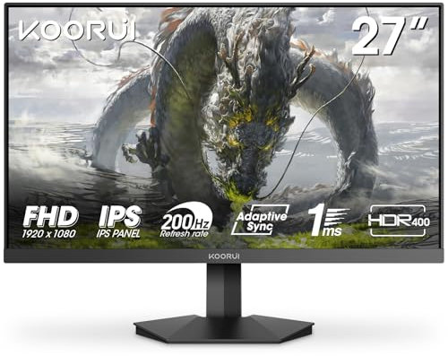 KOORUI 27 Inch QHD Gaming Monitor, 200Hz Monitor, 1ms, Fast IPS, HDR400, 95% DCI-P3 Color Gamut, Height/Pivot/Tilt Adjustability, Adaptive Sync Technology, HDMI & DP Ports, 2K Display, Black G2722P