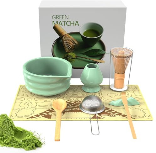 MYMULIKE Matcha vispset, 8 st maskinkit ingår med bambuvisp, 500 ml keramik, skopa och hållare, gör frukost/latte matcha grön kit för teälskare, present till Macha nybörjare och entusiaster