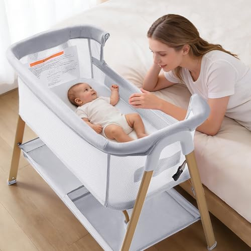 cozydwells Next to Me Crib, 3 in 1 Baby Beside Crib for Babies from Birth to 9kg, Portable Travel Cot Bed with Wheels, Storage, Mosquito Net and Matress Baby Co-Sleeper for Newborn Infant Grey