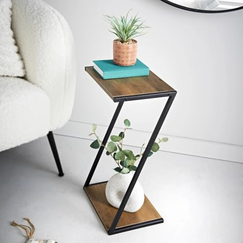 RHMM Z-Shaped 2 Tier Side Table Industrial Wood & Metal End Table for Living Room & Bedroom Small Bedside Nightstand Coffee Sofa Side Table Display Stand (29x20x50cm)