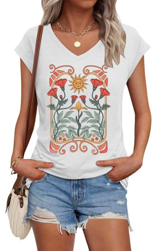 Cuptacc Ladies Summer Tops V Neck T Shirts for Women UK Casual Ladies Summer Tops Basic Short Sleeve Shirt Blouse Fashion Clothes Outfits WhiteSun L 16-18