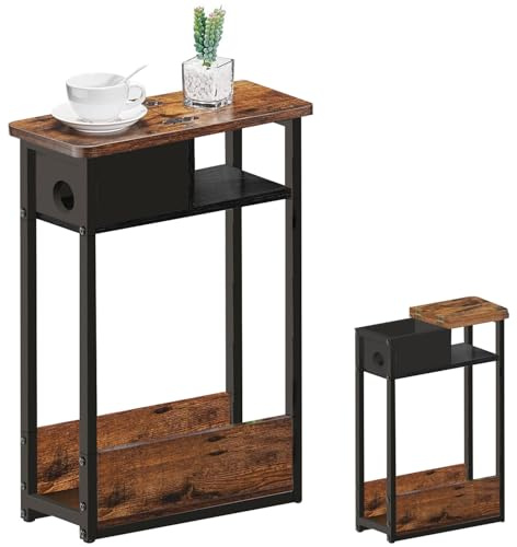OYE End Table with Socket Storage Rack, Slim Side Table Modern Sofa Desk for Narrow Spaces with Magazine Rack Space Saving 62.5 x 46 x 18 CM