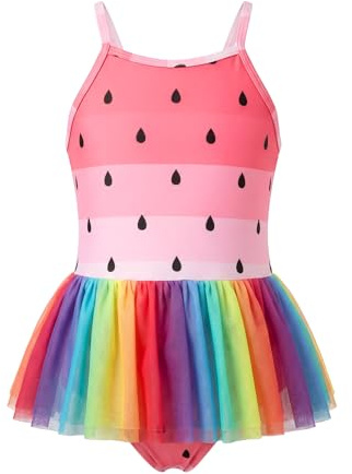 JiAmy Costume da bagno da bambina con gonna arcobaleno in tulle, con spalline regolabili, per bambine 2-8 anni (taglia 98/128)