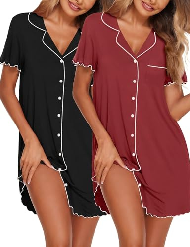 Ekouaer Camicia da Notte Donna Estiva in Due Pezzi Indumenti Maniche Corte Pigiama con Bottoni Confortevole Abito da Notte Aperta Davanti Scollo a V Nero/Bordeaux L