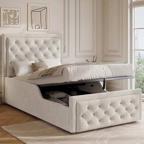 Ojjxh Polsterbett Einzelbett Kinderbett 90x200 cm, Stauraumbett mit Gepolstertes Kopfteil, Modern Hydraulisches Funktionsbett mit Großem Stauraum, Jugendbett mit Lattenrost, Samt, Ohne Matratze