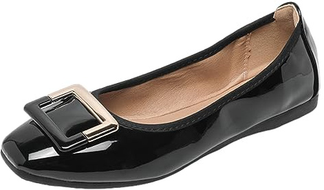 ANUFER Women's Soft Ballet Flats Square Toe Slip-On Walking Shoes Patent Black DX2830 UK5