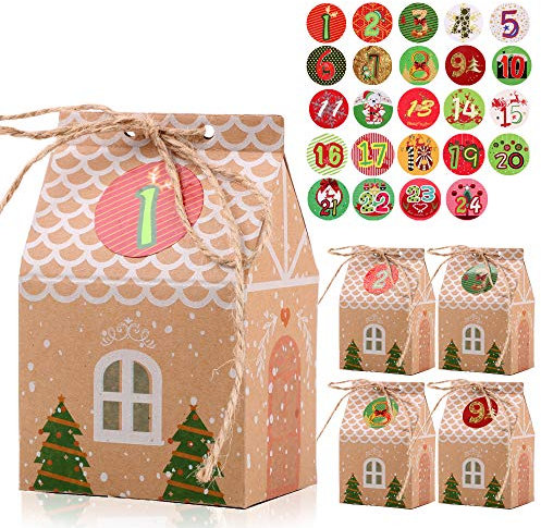 FLOFIA Adventskalender Tüten zum Befüllen 24 Papiertüten Haus mit Advent Zahlen Aufklebern 1-24 Adventskalender Tüten Boxen Set 2024 Weihnachtskalender zum Basteln Weihnachten Geschenkbox