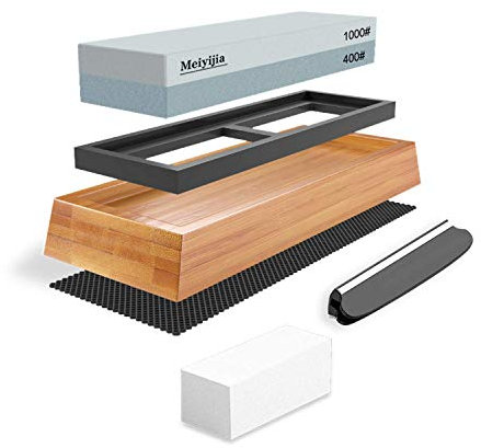 Meiyijia Pietra per Affilare 2-in-1, Affilacoltelli Professionale cote Combinazione - con Stand Silicone Antiscivolo (400/1000 Grit/Set)