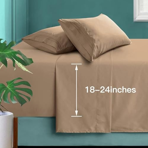 Manyshofu Extra Deep Pocket King Size Sheets - Hotel Luxury 1800 Thread Count Sheets & Pillowcases - Microfiber Bedding Set up to 24 Mattress - Khaki Bed Sheets 18-24 Inch Deep Pockets - 4 Piece