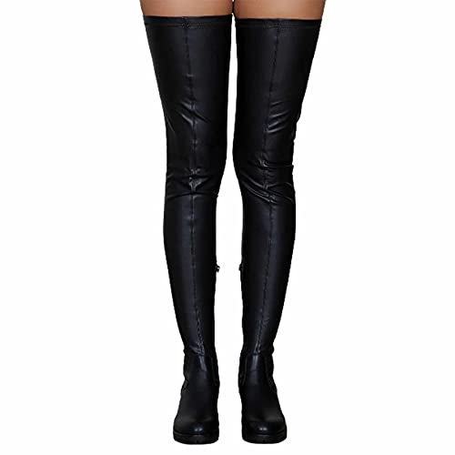 Donna Coscia Alta Stretch Stivale Alto al Ginocchio Caldo Cerniera Laterale Stivali Alti alla Coscia Tacco Basso Scarpe comode sopra Il Ginocchio Stivali Impermeabili,Nero,38