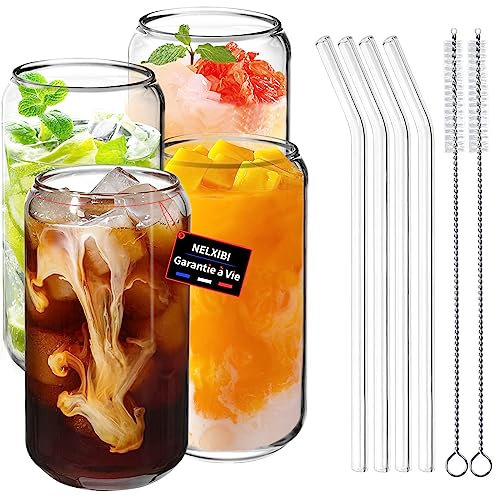Lot de Verre Bubble Tea avec Couvercle et Paille, 460 ml Gobelet Bubble Tea, Canettes de Bière Avec Couvercles, Verre Canette avec Glass Straw pour Smoothie, Bière, Cocktail, Cafe, Cola (4)