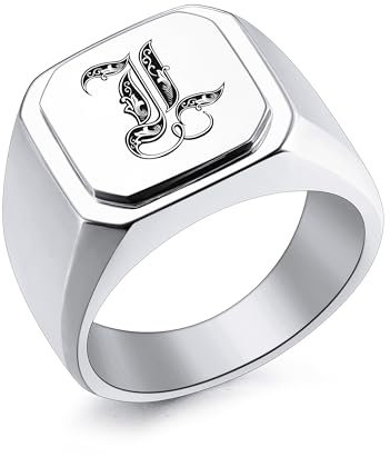 INBLUE Personalisierte Gravierte Name/Initial Monogramm Signet Ring für Männer mit Optionalen Größe 54-75 Edelstahl Buchstabe Ring mit Größe Adjusters Mode Schmuck für Jahrestag - Silber, 1 Buchstaben