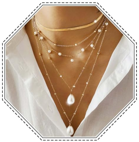 Jovono Boho 5 nivåer pärlhalsband kedjor guldlager pärlhalsband pärlor hänge långt halsband för kvinnor, /
