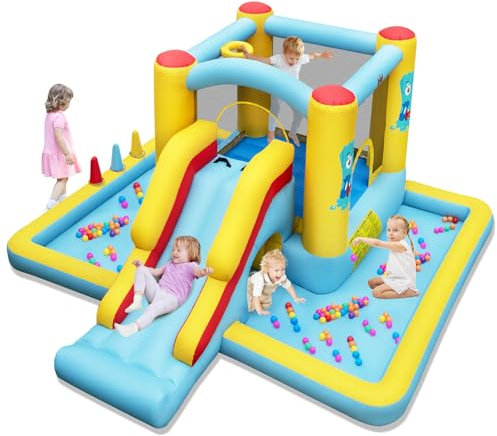 DREAMADE Château Gonflable avec Toboggan pour Enfants 3-10 Ans, Charge Max. 90 KG, 5-en-1 Aire de Jeux 394 x 389 x 194 CM, pour Intérieur & Extérieur (sans Gonfleur)