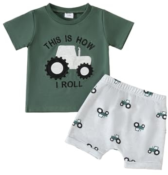 LUVCES Conjuntos Ropa para Bebé Niño Pequeño, Camiseta Divertida con Bordado de Letras Top y Cintura Elástica Pantalones Cortos 2 Piezas Primavera y Verano Trajes Camión verde 2-3 Años