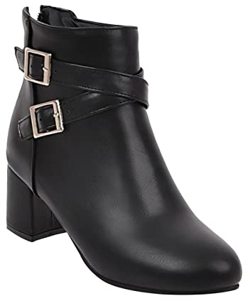 Bottines pour femme - Avec talon - Élégantes - Avec boucle de ceinture - Fermeture éclair latérale - Talon épais - Antidérapantes - Tige courte - Pour femme - Bottes d'hiver classiques